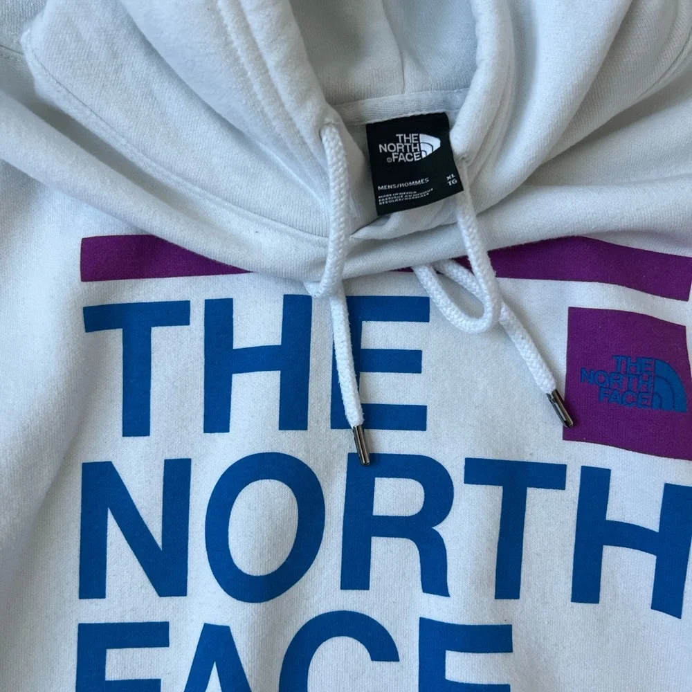 The North Face White Hoodie with Blue & Purple Logo Block